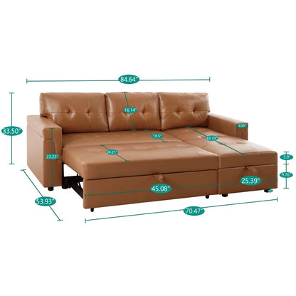 L Shaped Sleeper Sofa with Storage Pull-Out Sofa Couch(Caramel Faux Leather)