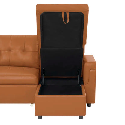 L Shaped Sleeper Sofa with Storage Pull-Out Sofa Couch(Caramel Faux Leather)
