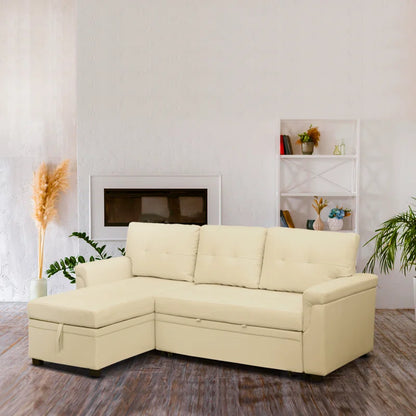 L Shaped Sleeper Sofa with Storage Pull-Out Sofa Couch(Cream Air Leather)