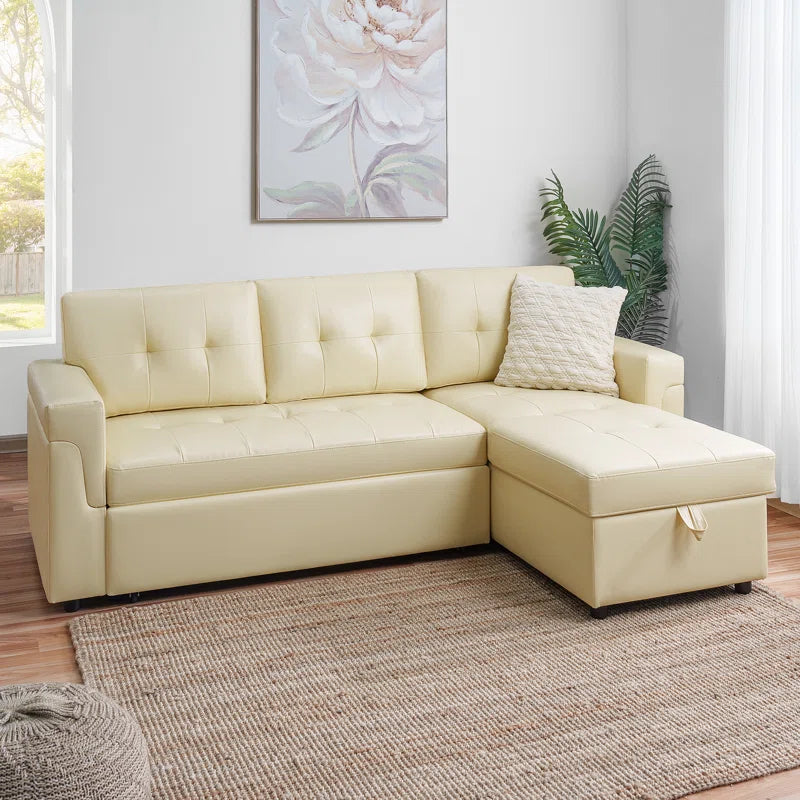 L Shaped Sleeper Sofa with Storage Pull-Out Sofa Couch(Cream Air Leather)