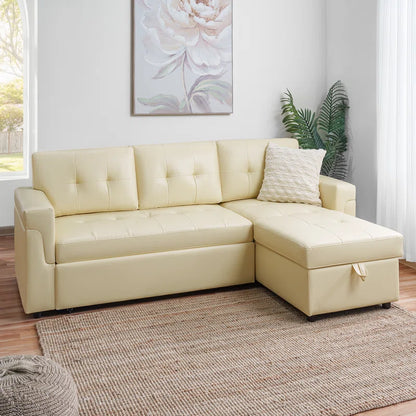 L Shaped Sleeper Sofa with Storage Pull-Out Sofa Couch(Cream Air Leather)