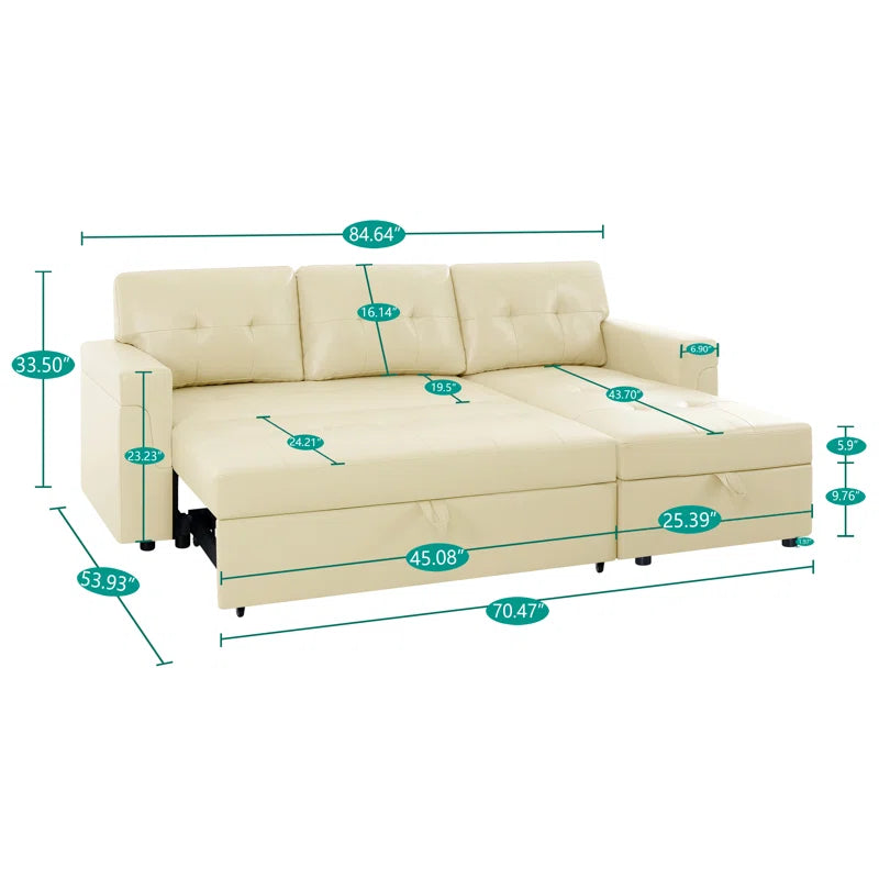 L Shaped Sleeper Sofa with Storage Pull-Out Sofa Couch(Cream Air Leather)