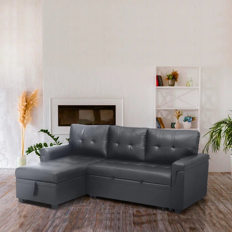 L Shaped Sleeper Sofa with Storage Pull-Out Sofa Couch(Dark Gray Air Leather)