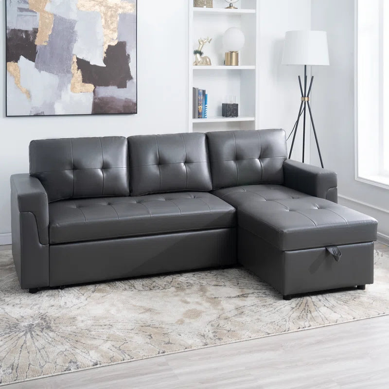L Shaped Sleeper Sofa with Storage Pull-Out Sofa Couch(Dark Gray Air Leather)