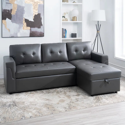 L Shaped Sleeper Sofa with Storage Pull-Out Sofa Couch(Dark Gray Air Leather)