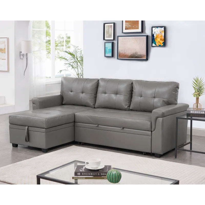 L Shaped Sleeper Sofa with Storage Pull-Out Sofa Couch(Gray Faux Leather)
