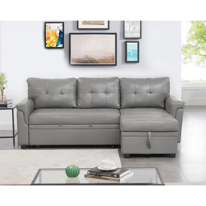 L Shaped Sleeper Sofa with Storage Pull-Out Sofa Couch(Gray Faux Leather)