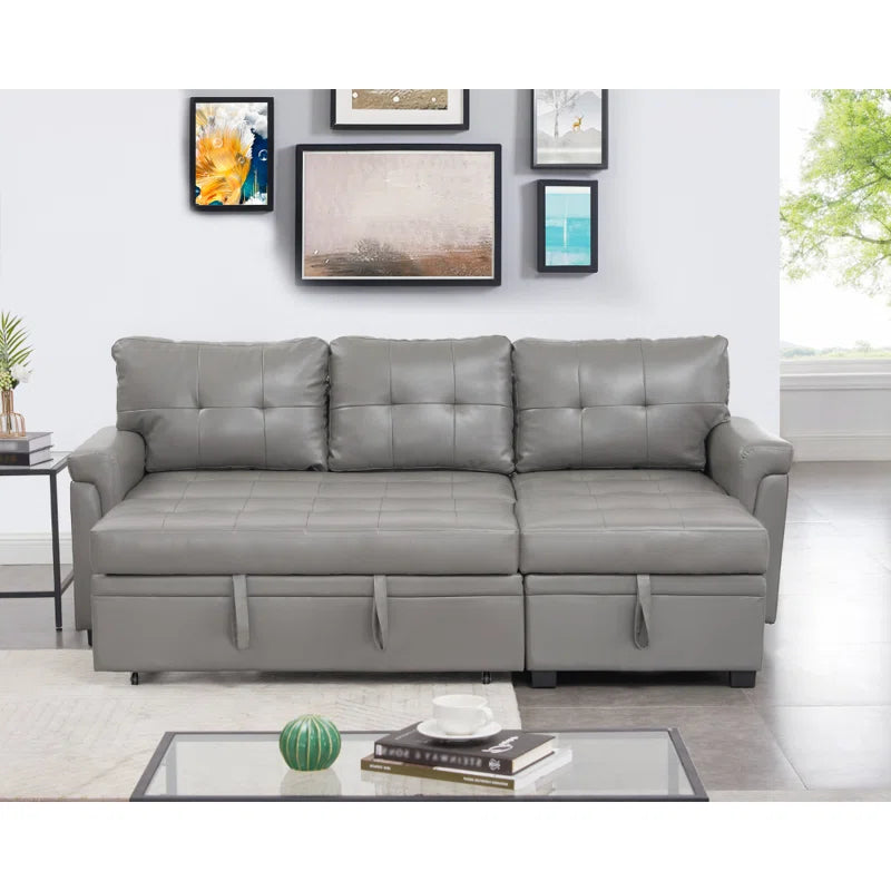 L Shaped Sleeper Sofa with Storage Pull-Out Sofa Couch(Gray Faux Leather)
