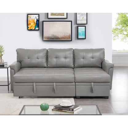 L Shaped Sleeper Sofa with Storage Pull-Out Sofa Couch(Gray Faux Leather)