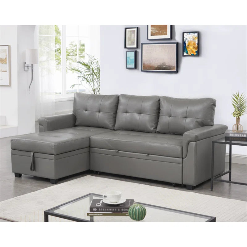 L Shaped Sleeper Sofa with Storage Pull-Out Sofa Couch(Gray Faux Leather)