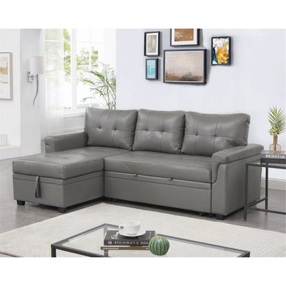 L Shaped Sleeper Sofa with Storage Pull-Out Sofa Couch(Gray Faux Leather)