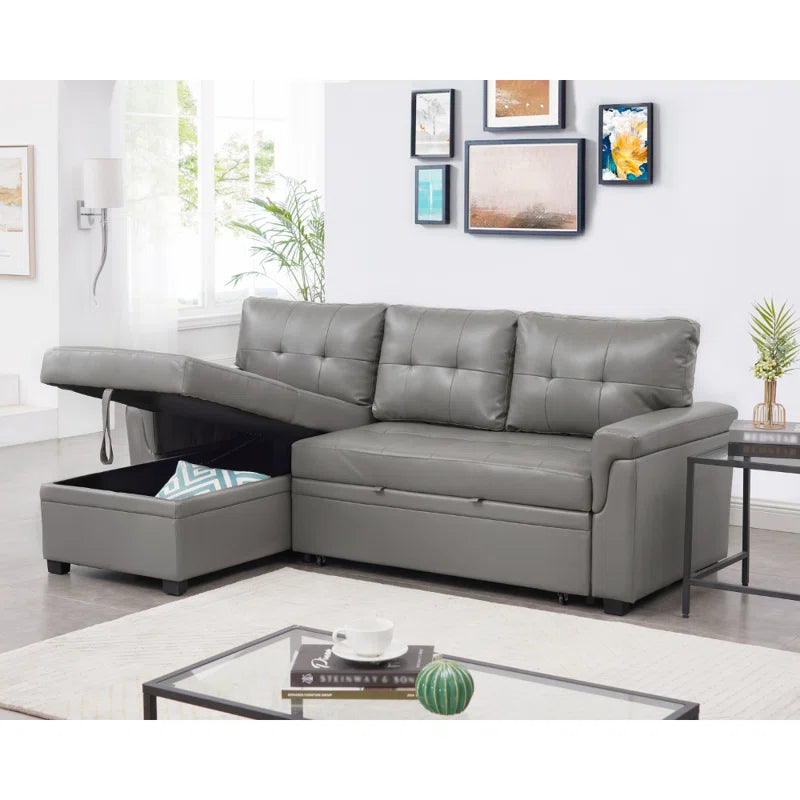 L Shaped Sleeper Sofa with Storage Pull-Out Sofa Couch(Gray Faux Leather)