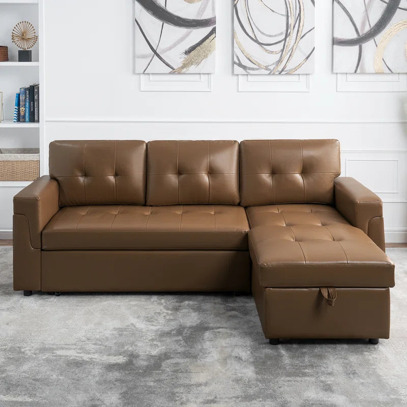 L Shaped Sleeper Sofa with Storage Pull-Out Sofa Couch(Mocha Air Leather)