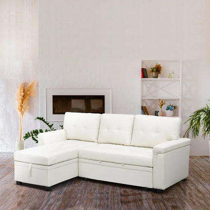 L Shaped Sleeper Sofa with Storage Pull-Out Sofa Couch(White Faux Leather)