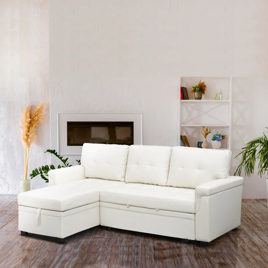 L Shaped Sleeper Sofa with Storage Pull-Out Sofa Couch(White Faux Leather)