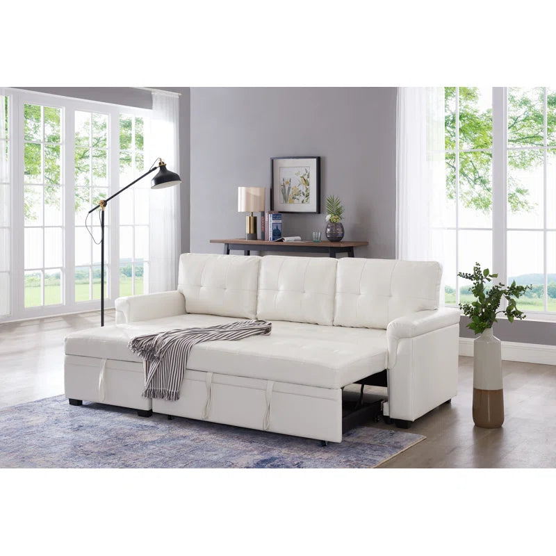 L Shaped Sleeper Sofa with Storage Pull-Out Sofa Couch(White Faux Leather)