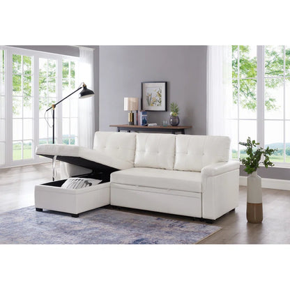 L Shaped Sleeper Sofa with Storage Pull-Out Sofa Couch(White Faux Leather)
