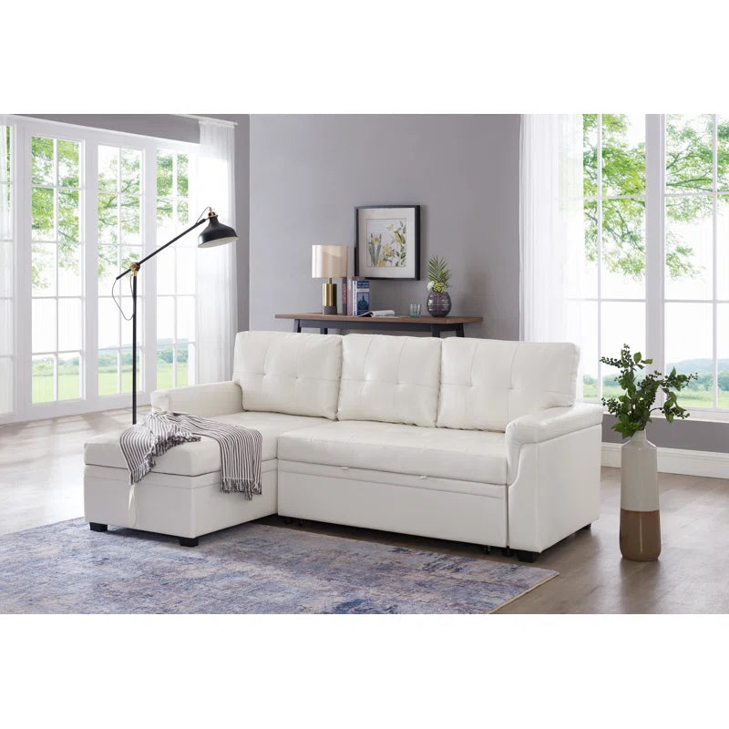 L Shaped Sleeper Sofa with Storage Pull-Out Sofa Couch(White Faux Leather)