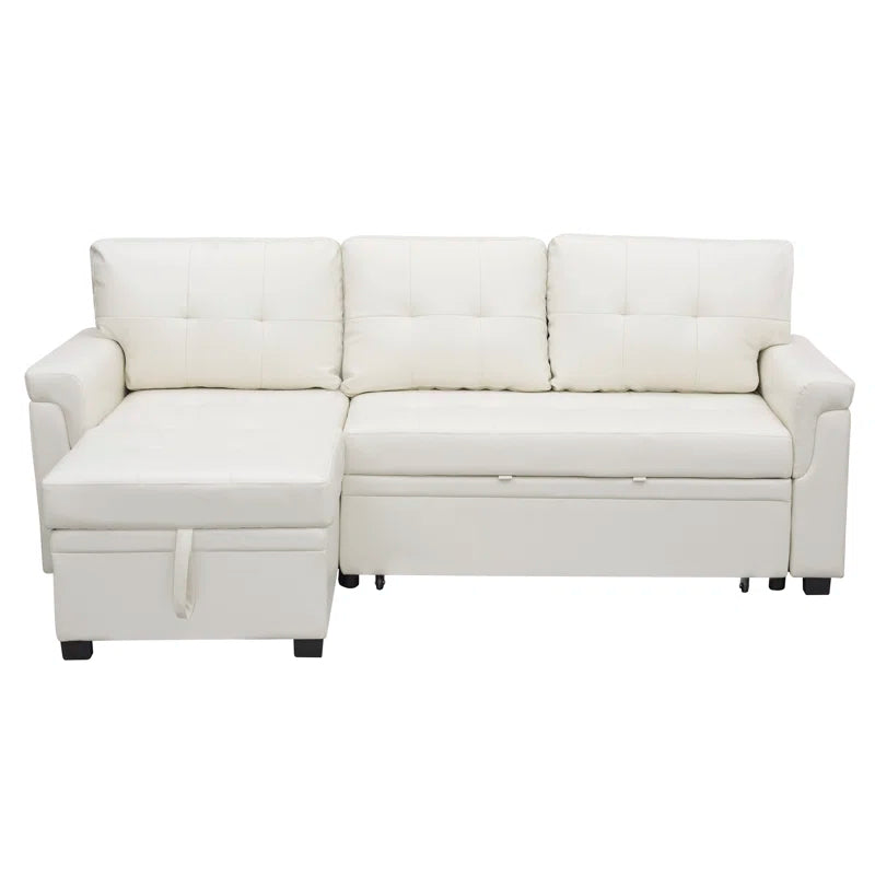 L Shaped Sleeper Sofa with Storage Pull-Out Sofa Couch(White Faux Leather)