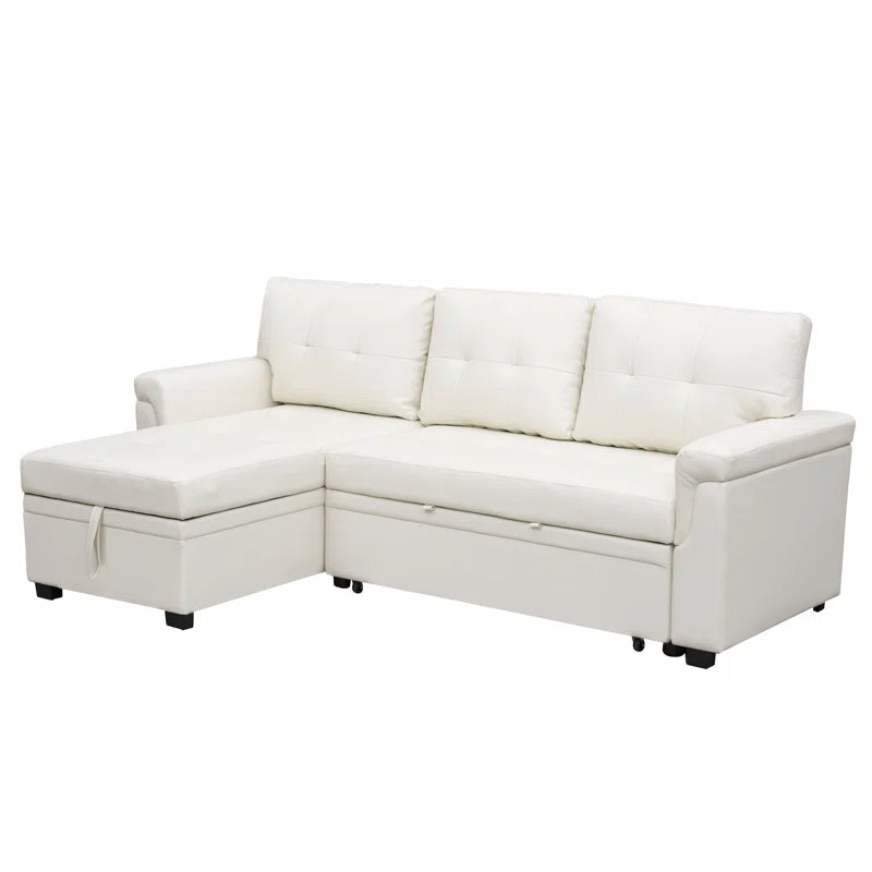 L Shaped Sleeper Sofa with Storage Pull-Out Sofa Couch(White Faux Leather)