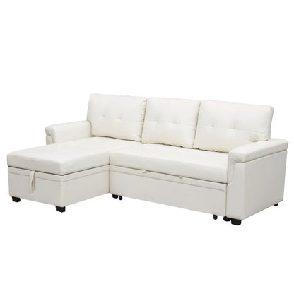 L Shaped Sleeper Sofa with Storage Pull-Out Sofa Couch(White Faux Leather)