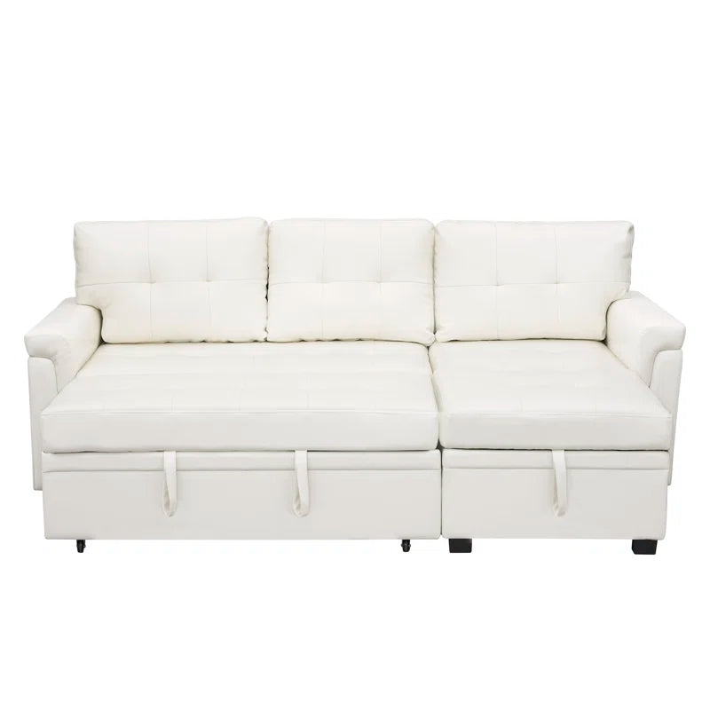 L Shaped Sleeper Sofa with Storage Pull-Out Sofa Couch(White Faux Leather)