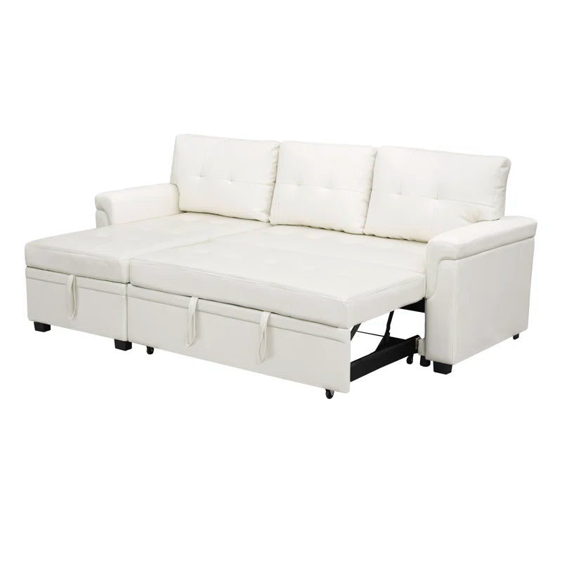 L Shaped Sleeper Sofa with Storage Pull-Out Sofa Couch(White Faux Leather)