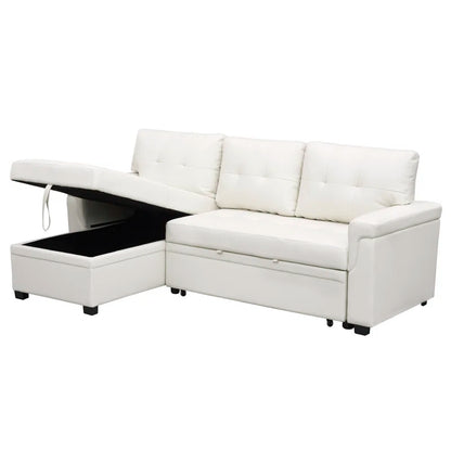 L Shaped Sleeper Sofa with Storage Pull-Out Sofa Couch(White Faux Leather)