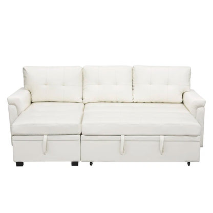 L Shaped Sleeper Sofa with Storage Pull-Out Sofa Couch(White Faux Leather)