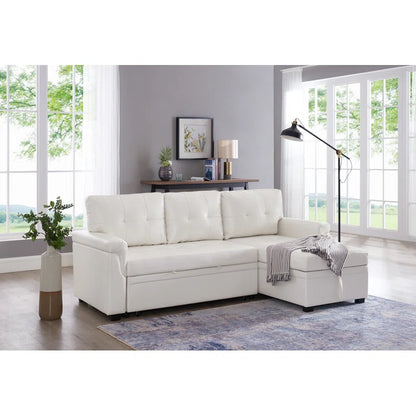 L Shaped Sleeper Sofa with Storage Pull-Out Sofa Couch(White Faux Leather)