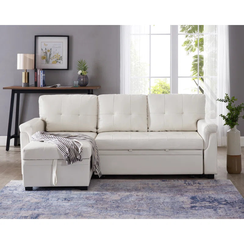 L Shaped Sleeper Sofa with Storage Pull-Out Sofa Couch(White Faux Leather)