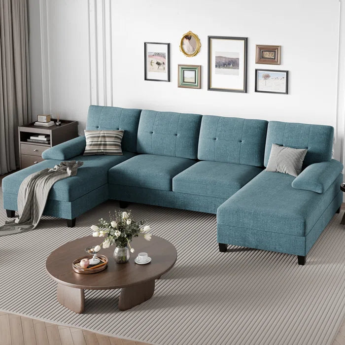 U- Shape Sectional Sofa: 106" Modular Upholstered Sectional 3-Piece Sectional for Living Room(Lack Blue Cotton Blend)