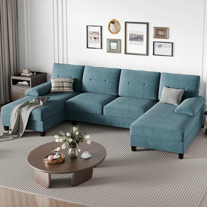 U- Shape Sectional Sofa: 106" Modular Upholstered Sectional 3-Piece Sectional for Living Room(Lack Blue Cotton Blend)