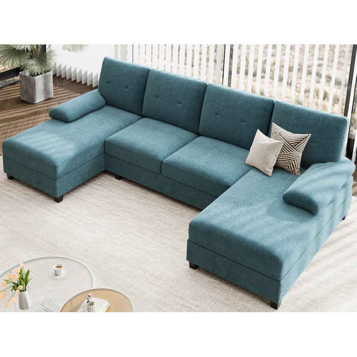 U- Shape Sectional Sofa: 106" Modular Upholstered Sectional 3-Piece Sectional for Living Room(Lack Blue Cotton Blend)