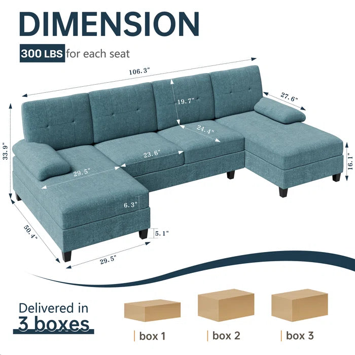 U- Shape Sectional Sofa: 106" Modular Upholstered Sectional 3-Piece Sectional for Living Room(Lack Blue Cotton Blend)