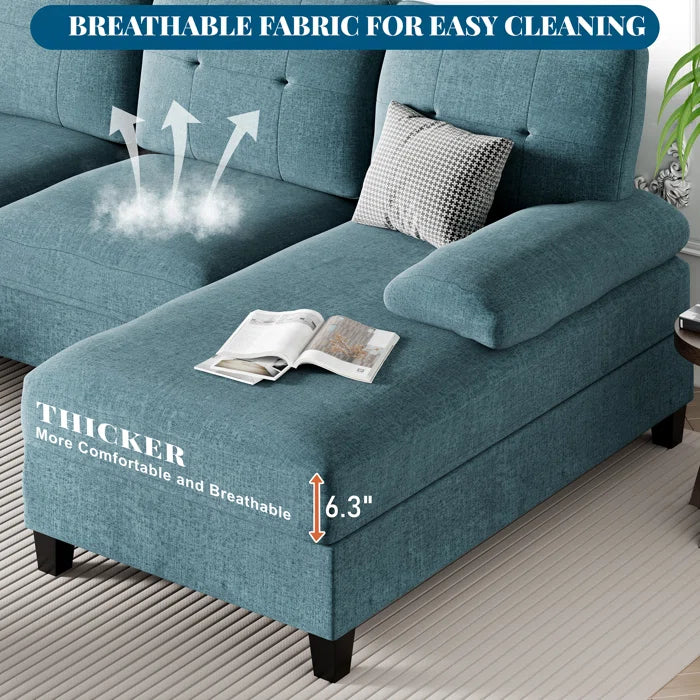 U- Shape Sectional Sofa: 106" Modular Upholstered Sectional 3-Piece Sectional for Living Room(Lack Blue Cotton Blend)