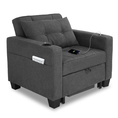 Sofa Chair: Latitude Run 39" Convertible Accent Chair 1 Pull Out Sleeper Futon Chair Beds with USB(Dark Gray Linen)