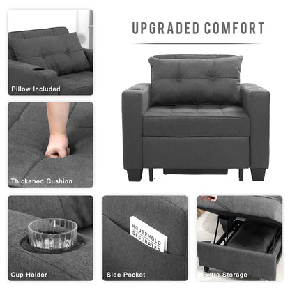 Sofa Chair: Latitude Run 39" Convertible Accent Chair 1 Pull Out Sleeper Futon Chair Beds with USB(Dark Gray Linen)
