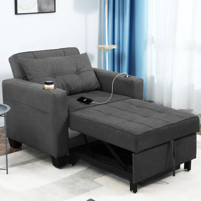 Sofa Chair: Latitude Run 39" Convertible Accent Chair 1 Pull Out Sleeper Futon Chair Beds with USB(Dark Gray Linen)