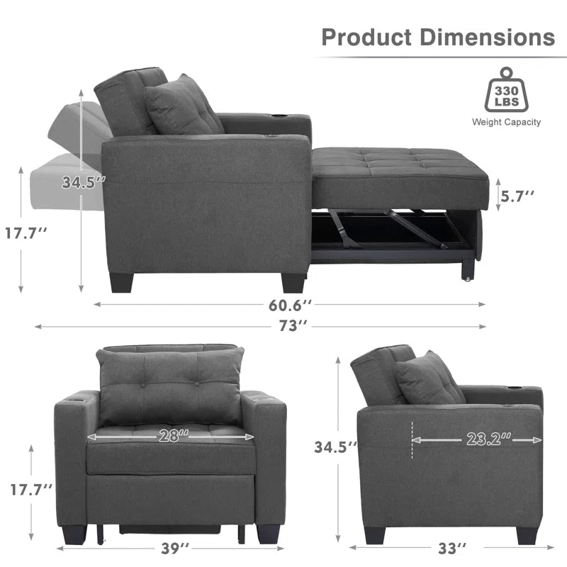 Sofa Chair: Latitude Run 39" Convertible Accent Chair 1 Pull Out Sleeper Futon Chair Beds with USB(Dark Gray Linen)