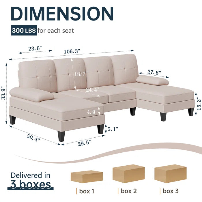 U- Shape Sectional Sofa: 106" Modular Upholstered Sectional 3-Piece Sectional for Living Room(Light Brown Cotton Blend)