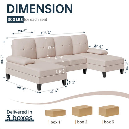 U- Shape Sectional Sofa: 106" Modular Upholstered Sectional 3-Piece Sectional for Living Room(Light Brown Cotton Blend)
