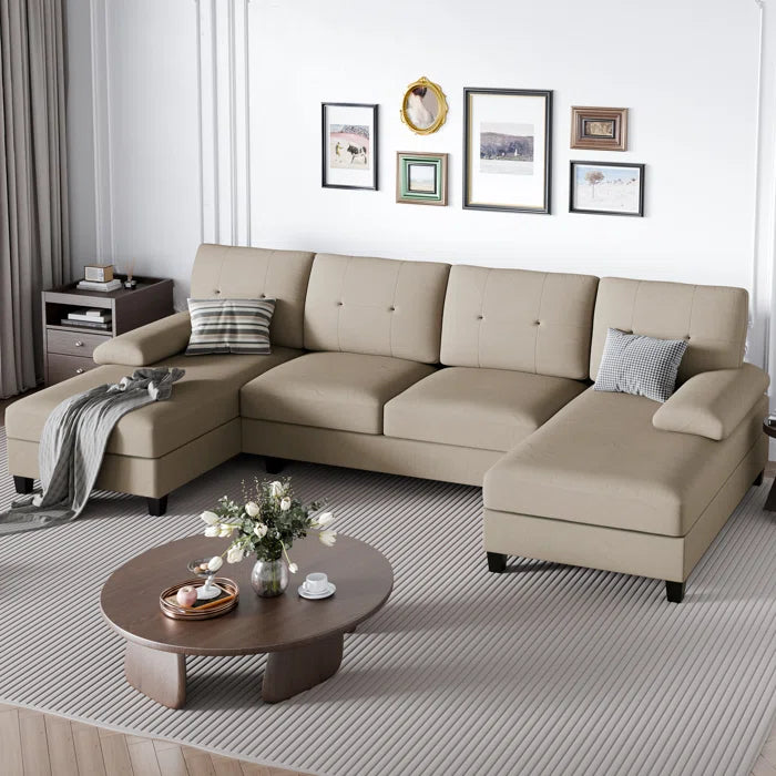 U- Shape Sectional Sofa: 106" Modular Upholstered Sectional 3-Piece Sectional for Living Room(Light Brown Cotton Blend)
