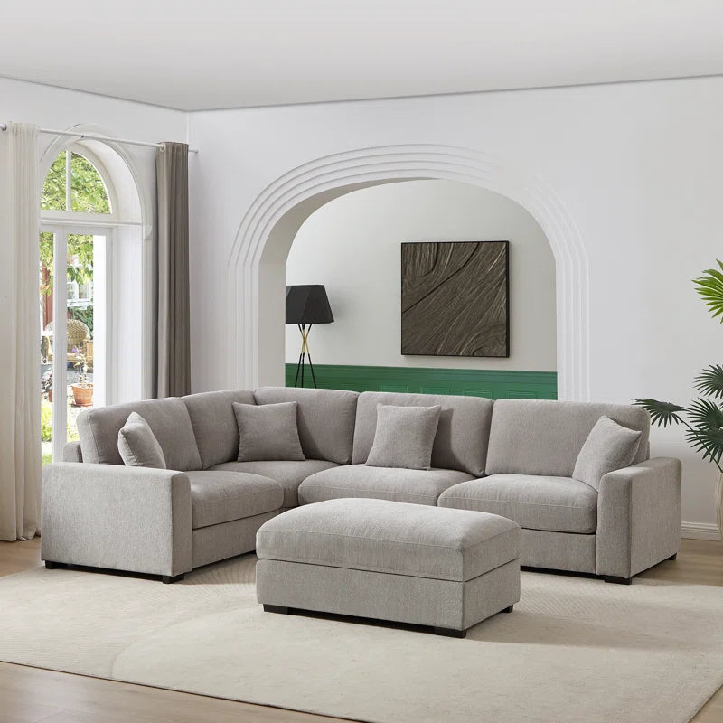 5 Piece Corner Sectional Sofa with Ottoman (Light Gray Polyester)