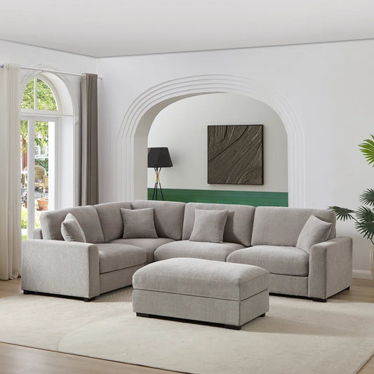 5 Piece Corner Sectional Sofa with Ottoman (Light Gray Polyester)