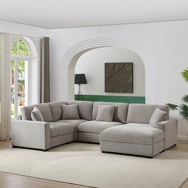 5 Piece Corner Sectional Sofa with Ottoman (Light Gray Polyester)