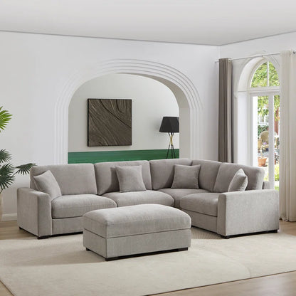 5 Piece Corner Sectional Sofa with Ottoman (Light Gray Polyester)
