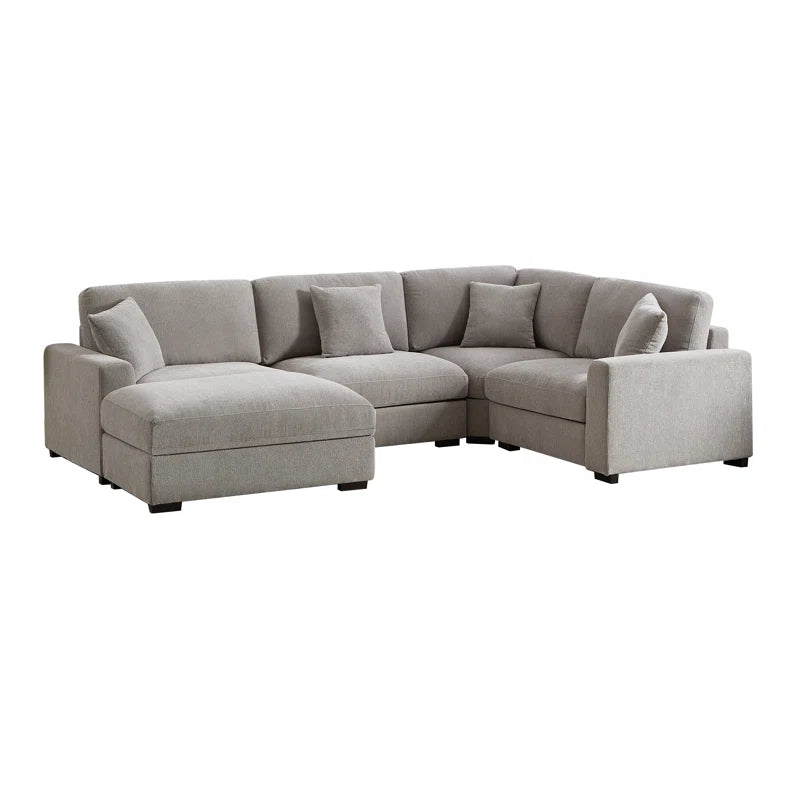 5 Piece Corner Sectional Sofa with Ottoman (Light Gray Polyester)