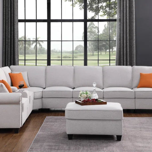 L Shape Sectional Sofa: 8 Piece Modular Corner Sectional with Ottoman (Light Gray Polyester Blend)