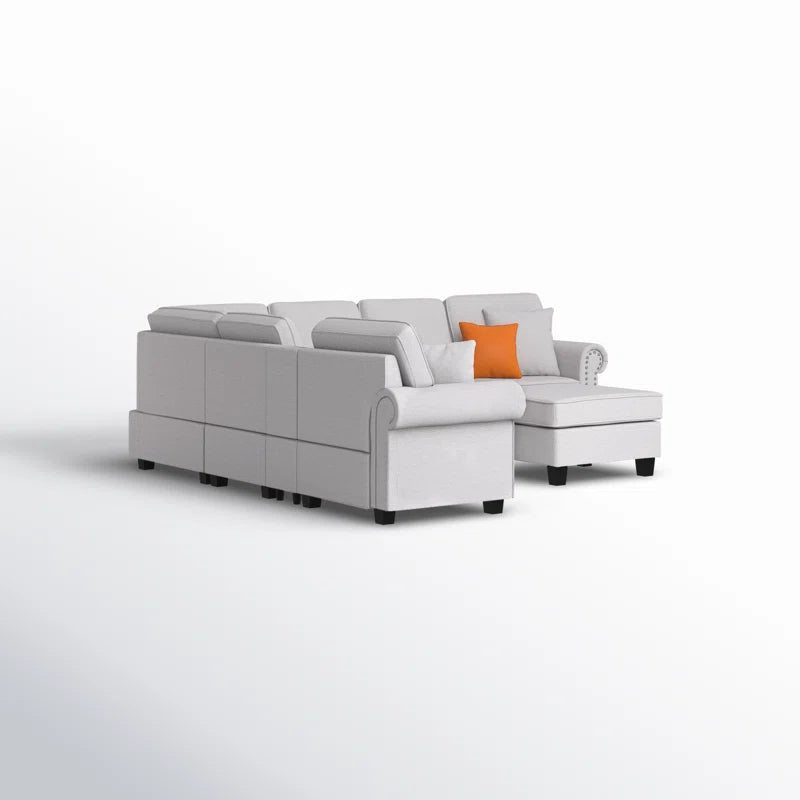 L Shape Sectional Sofa: 136.35" Wide Reversible 7-Piece Modular Corner Sectional with Ottoman(Light Gray Polyester Blend)